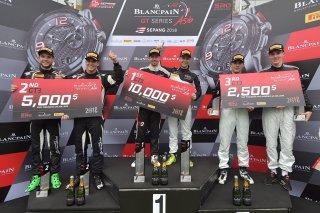 Race 1 GT3 Overall podium #999 Patric Niederhauser Nico Bastian GruppeM Racing Team Mercedes-AMG GT3 #19 Martin Kodric Dennis Lind FFF Racing Team by ACM Lamborghini Huracan GT3 #888 Brice Bosi Raffaele Marciello GruppeM Racing Team Mercedes-AMG GT3 Sepan | Blancpain GT Series Asia